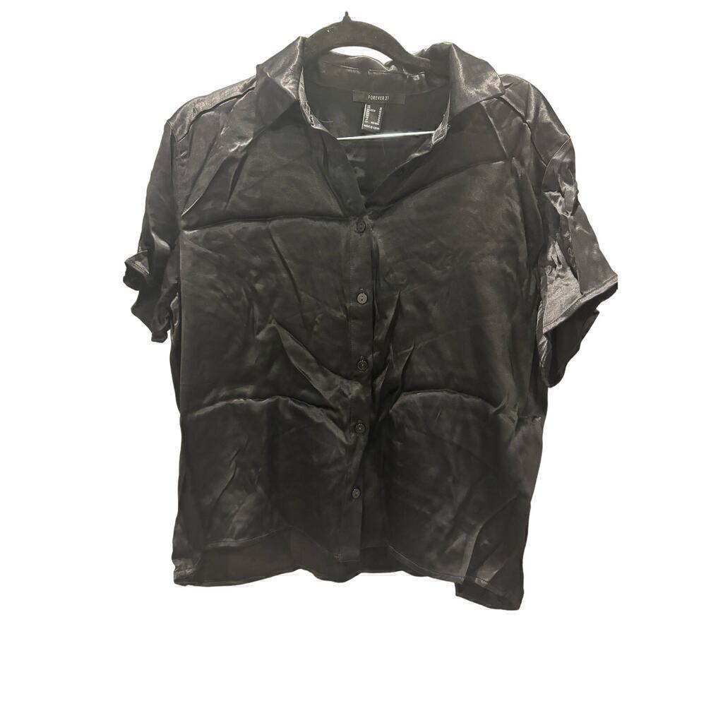 Black Satin Short Sleeve Button Up Blouse